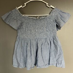 American Eagle Outfitters Blue Striped Off-Shoulder Blouse